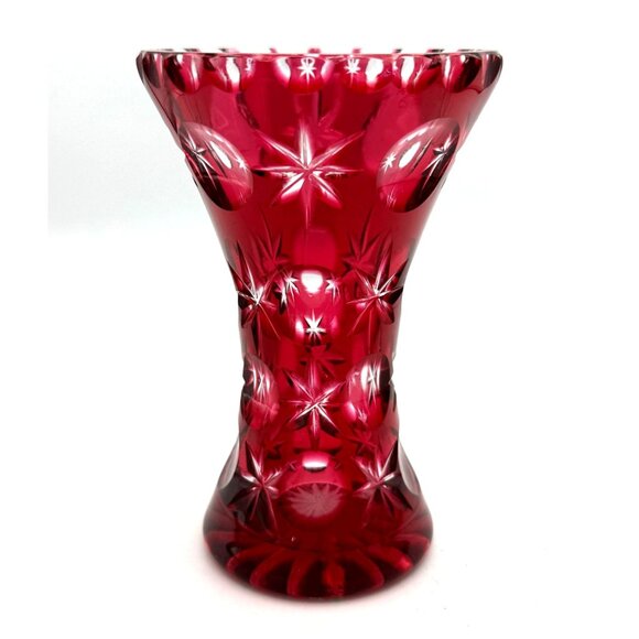 Bohemian Lead Crystal Cut to Clear Cranberry Round Thumb Star Vase VTG - Picture 1 of 7